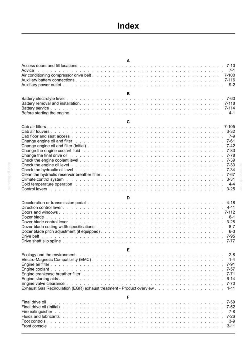 Peut inclure: Page d'index d'un manuel, r&eacute;pertoriant divers sujets avec des num&eacute;ros de page. Les sujets incluent l'entretien du moteur, les commandes et les caract&eacute;ristiques de s&eacute;curit&eacute;. Le texte est noir sur fond blanc.