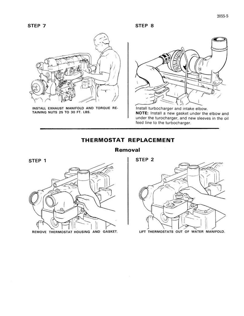 May include: Black and white line drawing of engine repair steps. Instructions include installing exhaust manifold, turbocharger, and removing the thermostat housing. Text includes torque specifications in foot-pounds.