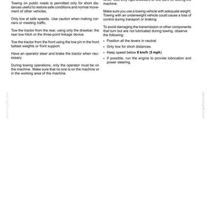 May include: A black and white technical document page titled 2-SAFETY INFORMATION, detailing instructions for towing a tractor for recovery, including warnings against using chains and specifying a maximum speed of 8 km/h or 5 mph.
