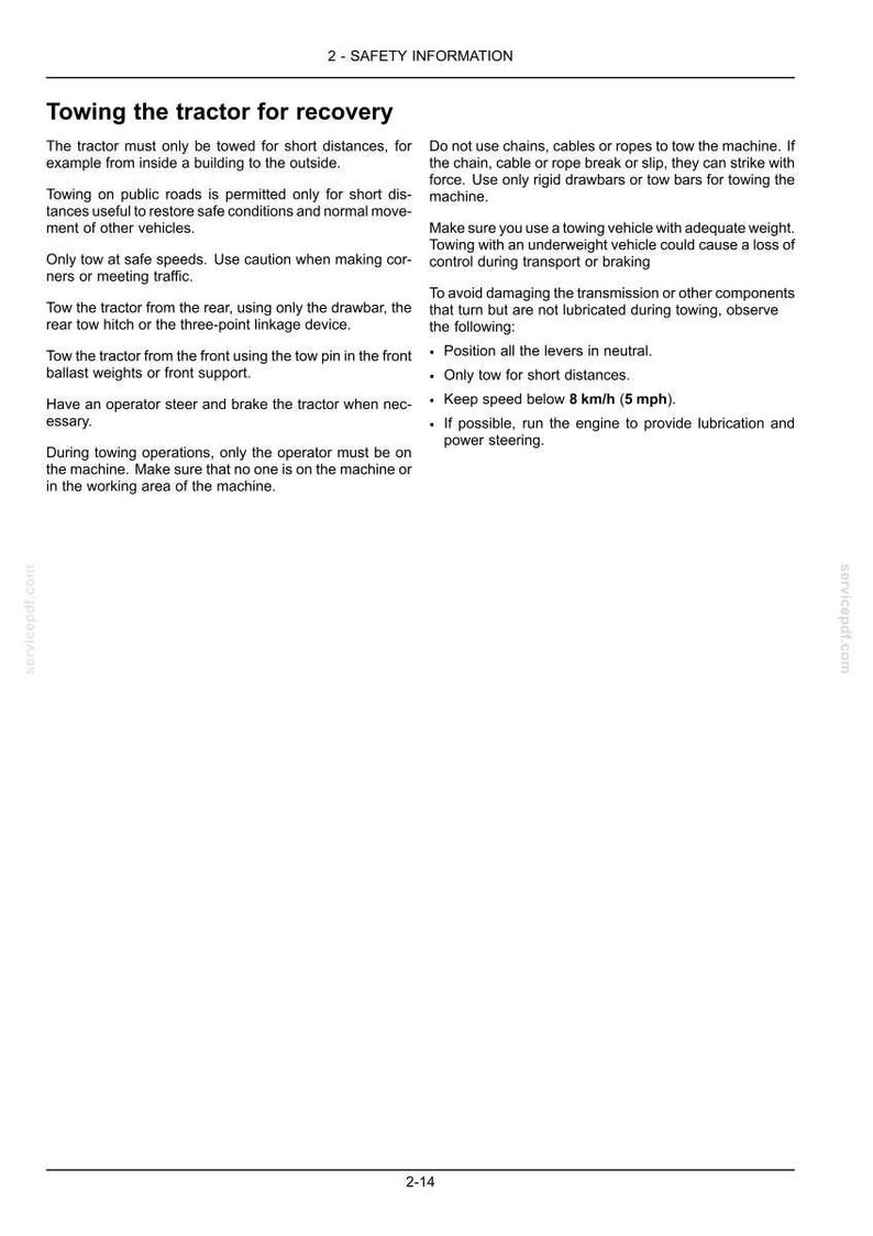 May include: A black and white technical document page titled 2-SAFETY INFORMATION, detailing instructions for towing a tractor for recovery, including warnings against using chains and specifying a maximum speed of 8 km/h or 5 mph.