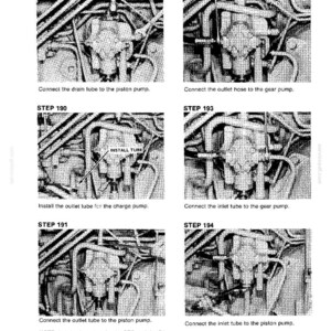 May include: A detailed diagram with six steps illustrating the connection of tubes to a piston pump and gear pump. The image includes text instructions and labels such as "INSTALL TUBE" and "Connect the drain tube to the piston pump."