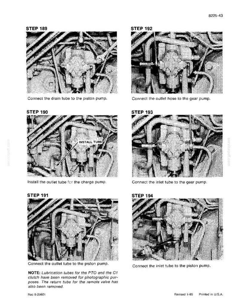 May include: A detailed diagram with six steps illustrating the connection of tubes to a piston pump and gear pump. The image includes text instructions and labels such as "INSTALL TUBE" and "Connect the drain tube to the piston pump."