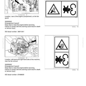 May include: Safety information page with diagrams and warnings. Includes diagrams with symbols indicating entanglement hazards and the need to stop the engine before servicing. Text includes ISO decal numbers.