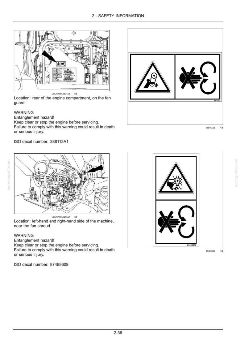 May include: Safety information page with diagrams and warnings. Includes diagrams with symbols indicating entanglement hazards and the need to stop the engine before servicing. Text includes ISO decal numbers.