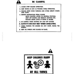 May include: A black and white safety sign featuring a list of eight instructions for loader operation, including avoiding steep hillsides and using seat belts. Below, a second sign displays the text KEEP CHILDREN AWAY AT ALL TIMES with icons.