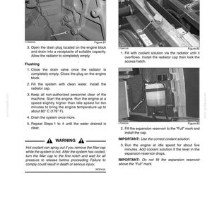 May include: A page from a manual detailing engine lubrication, filters, and fluids. The images show steps for draining and filling a radiator, including warnings about hot coolant. Text includes instructions and diagrams.