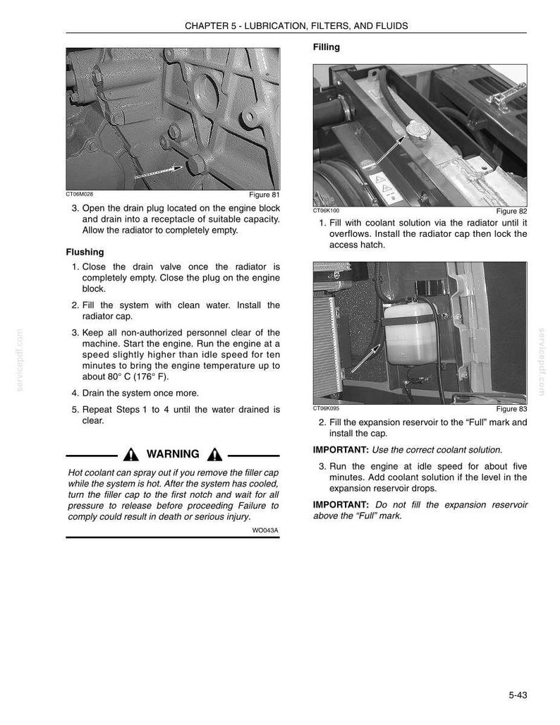 May include: A page from a manual detailing engine lubrication, filters, and fluids. The images show steps for draining and filling a radiator, including warnings about hot coolant. Text includes instructions and diagrams.