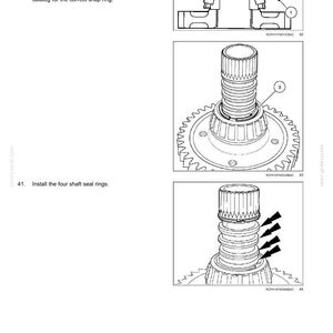 May include: Diagram of powershift transmission internal components. Includes illustrations of bearing hubs, snap ring grooves, and shaft seal rings. Text instructions detail measurements in mm and installation steps.