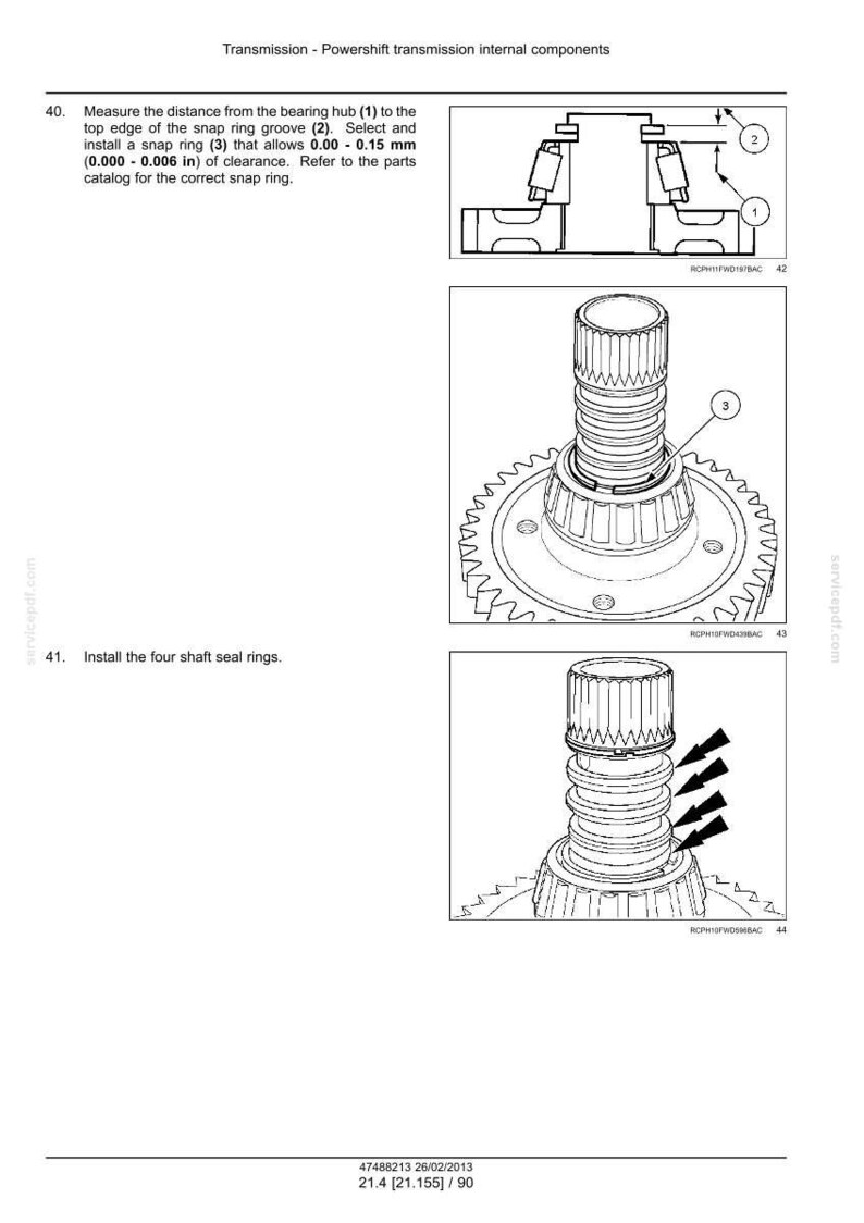 May include: Diagram of powershift transmission internal components. Includes illustrations of bearing hubs, snap ring grooves, and shaft seal rings. Text instructions detail measurements in mm and installation steps.