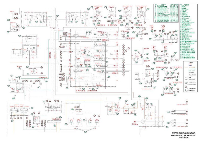 May include: A detailed hydraulic schematic for a CX75C SR excavator. The diagram is complex, with numerous lines, circles, and symbols in black, red, and green on a white background. Text includes "CX75C SR EXCAVATOR HYDRAULIC SCHEMATIC".