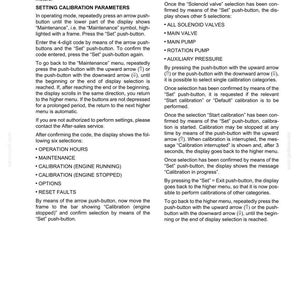 May include: A page from a manual titled "SECTION 12 - CALIBRATION" with instructions for calibrating valves, pumps, and motors. The text includes steps for setting parameters and selecting options, with a focus on engine calibration.