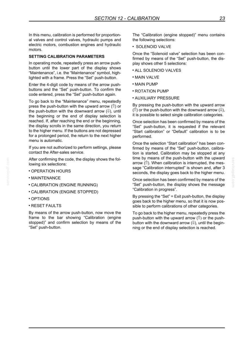 May include: A page from a manual titled "SECTION 12 - CALIBRATION" with instructions for calibrating valves, pumps, and motors. The text includes steps for setting parameters and selecting options, with a focus on engine calibration.
