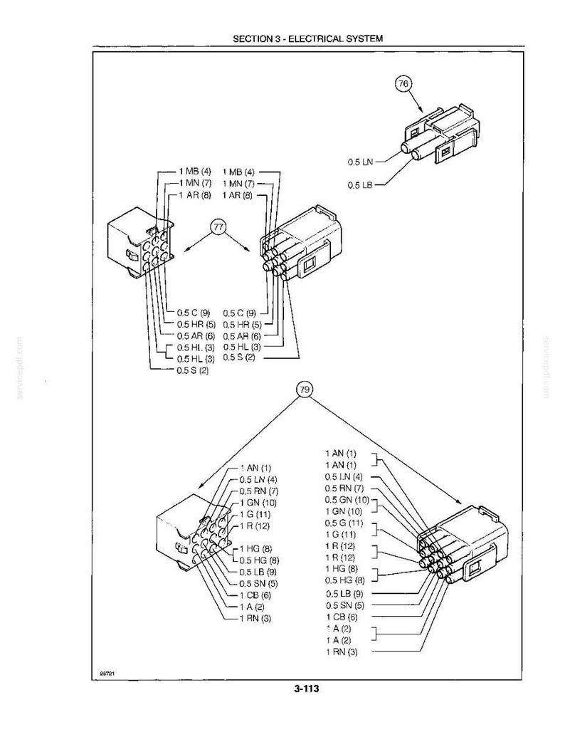 May include: A technical diagram titled SECTION 3 - ELECTRICAL SYSTEM, page 3-113, showing three distinct electrical connector assemblies labeled 76, 77, and 79. Each assembly features line drawings of multi-pin connectors with alphanumeric wiring codes.