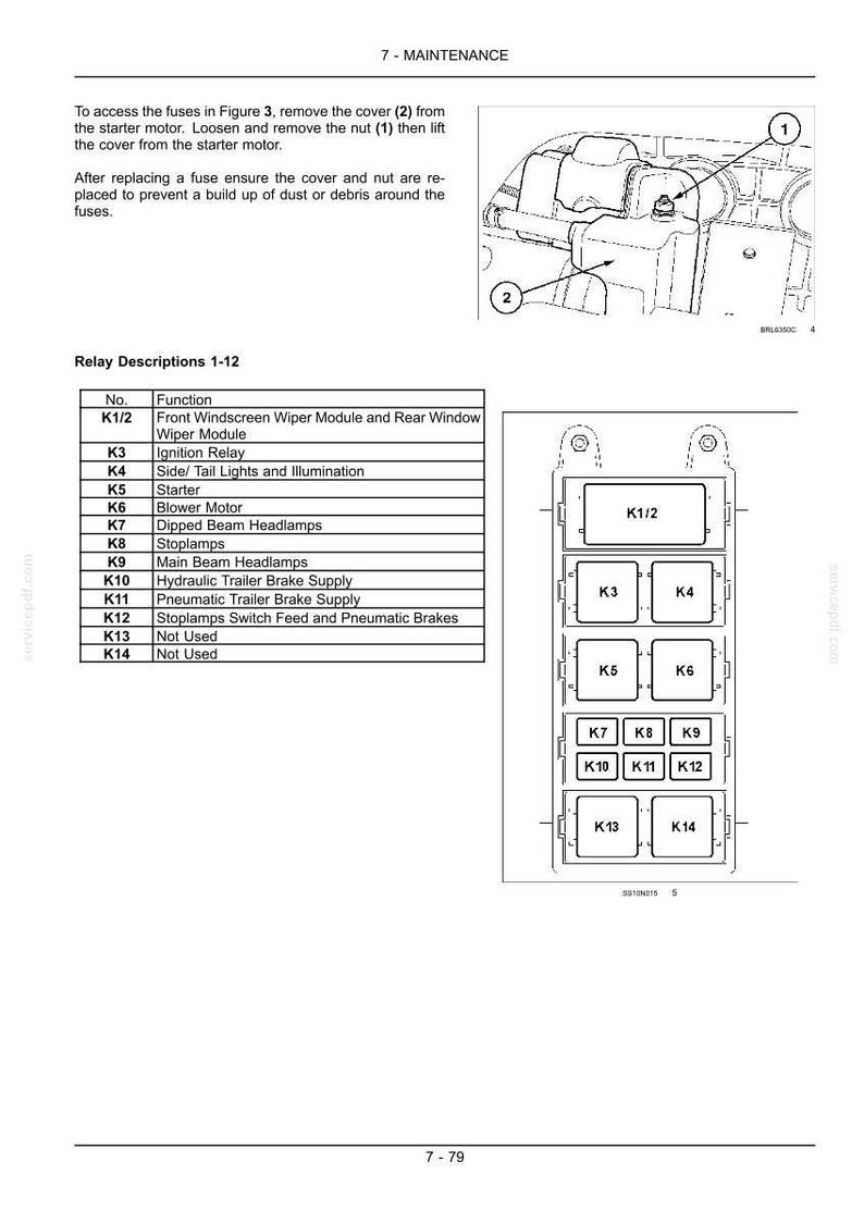 Puede incluir: Una p&aacute;gina de manual t&eacute;cnico titulada 7-MAINTENANCE que muestra un diagrama de un motor de arranque con una tuerca etiquetada 1 y una cubierta etiquetada 2, junto a una tabla que enumera las funciones de los rel&eacute;s K1 a K14 y un dise&ntilde;o de caja.