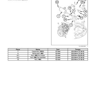 May include: Diagram of an engine's intake and exhaust manifolds and muffler installation. Includes a detailed parts list with names, tool sizes in mm, and torque specifications in N-m and lb ft.