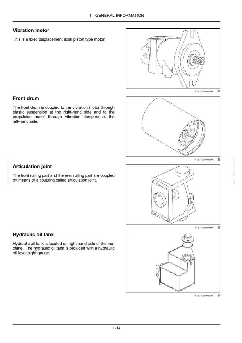 May include: Diagram of machine components including a vibration motor, front drum, articulation joint, and hydraulic oil tank. Each component is labeled with a brief description and a corresponding illustration. The image is a technical drawing.