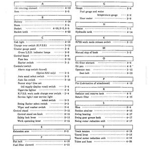 May include: A black and white technical document page titled INDEX, listing alphabetical categories and sub-components for machinery maintenance, including parts like air cleaning element, battery, bucket, cab light, heater, and oil filter.