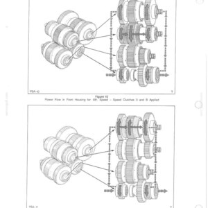 Op de afbeelding: Diagram van transmissiesystemen, getiteld "DEEL 5 - TRANSMISSIESYSTEMEN". De afbeelding toont gedetailleerde illustraties van tandwielmechanismen met pijlen die de krachtstroom aangeven. Figuren 10 en 11 beschrijven de snelheidskoppelingen.