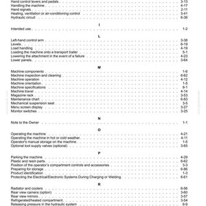 May include: A detailed page from a manual, featuring a table of contents with various machine-related topics. The text is black on a white background, with section headings and page numbers.