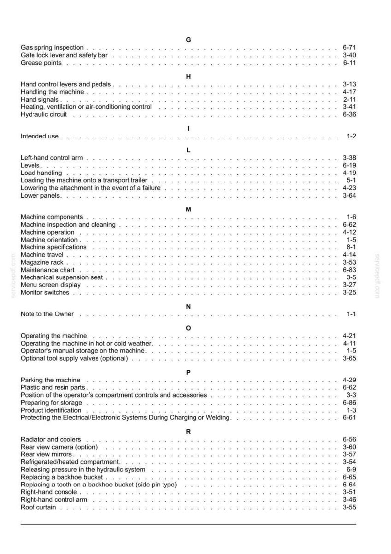 May include: A detailed page from a manual, featuring a table of contents with various machine-related topics. The text is black on a white background, with section headings and page numbers.