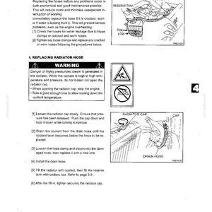 May include: A technical manual page titled MAINTENANCE - 250Hr, detailing procedures for checking and replacing a radiator hose. It includes black and white line drawings of a radiator, reserve tank, and radiator cap, along with safety warnings.