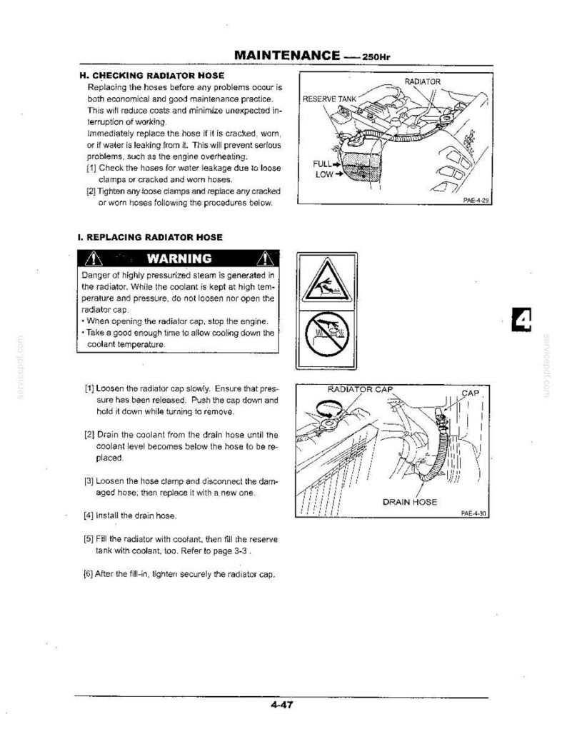 May include: A technical manual page titled MAINTENANCE - 250Hr, detailing procedures for checking and replacing a radiator hose. It includes black and white line drawings of a radiator, reserve tank, and radiator cap, along with safety warnings.
