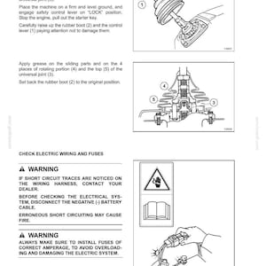 May include: Diagram of control lever lubrication with numbered parts and instructions. Includes a warning symbol with a hand and lightning bolt, and a diagram of electrical wiring with a hand holding wires.