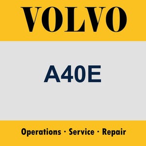 May include: A rectangular sign with a yellow top and bottom border and a light gray center. The word VOLVO is printed in large black letters at the top. The text A40E is in the center in dark blue. The bottom text reads Operations · Service · Repair.