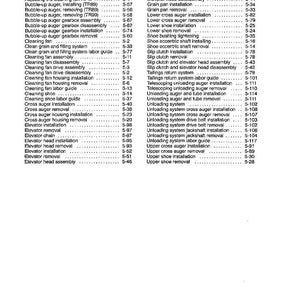 May include: A black and white technical manual page titled SECTION 5 - CLEAN GRAIN HANDLING. The document features an index of maintenance procedures for grain handling components, including augers, fans, elevators, and shoes, with page numbers.