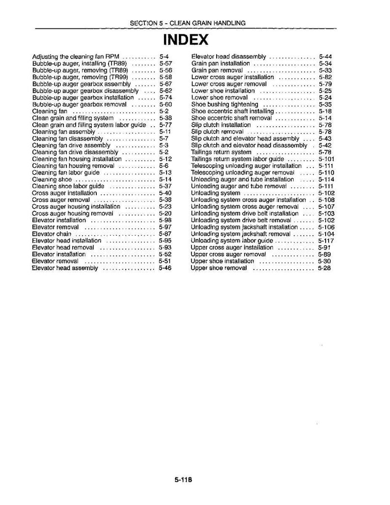 May include: A black and white technical manual page titled SECTION 5 - CLEAN GRAIN HANDLING. The document features an index of maintenance procedures for grain handling components, including augers, fans, elevators, and shoes, with page numbers.