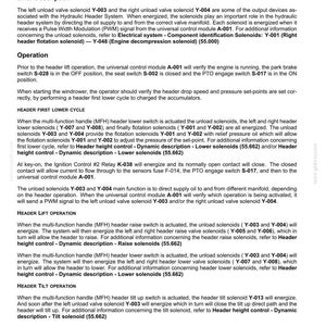 May include: A technical document titled "Header height control - Dynamic description - Unload solenoids." It details the function of solenoids Y-003 and Y-004 in a hydraulic header system, including their role in directing oil supply and operation.