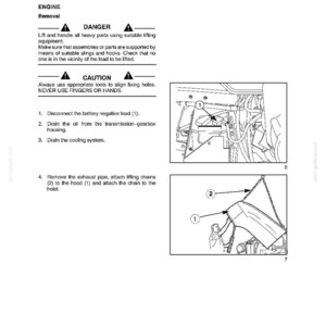 May include: A technical manual page titled SECTION 10 - ENGINE - CHAPTER 2 OVERHAUL. It includes safety warnings, numbered instructions for engine removal, and two black and white line drawings labeled 6 and 7 showing engine components.