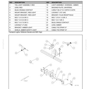 May include: A technical diagram titled Section 1 - General Information, Reflector Decals, Slow Moving Vehicle Sign and Transport Lighting. It includes a numbered parts list and an exploded view illustration of a transport lighting assembly.