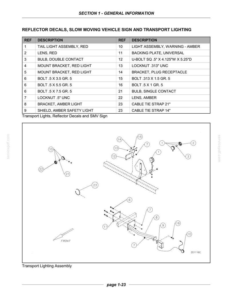 May include: A technical diagram titled Section 1 - General Information, Reflector Decals, Slow Moving Vehicle Sign and Transport Lighting. It includes a numbered parts list and an exploded view illustration of a transport lighting assembly.