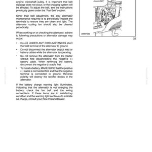 May include: A technical manual page titled SECTION 3 - LUBRICATION AND MAINTENANCE featuring text about a 40 amp tractor alternator, maintenance instructions, safety precautions, and a black and white line drawing of the alternator component.