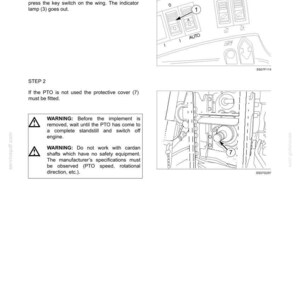 May include: A technical manual page titled OPERATIONAL USE detailing PTO procedures. It includes two line-art diagrams: one showing a key switch labelled 1 in position 0, and another showing a protective cover labelled 7 on a mechanical shaft.