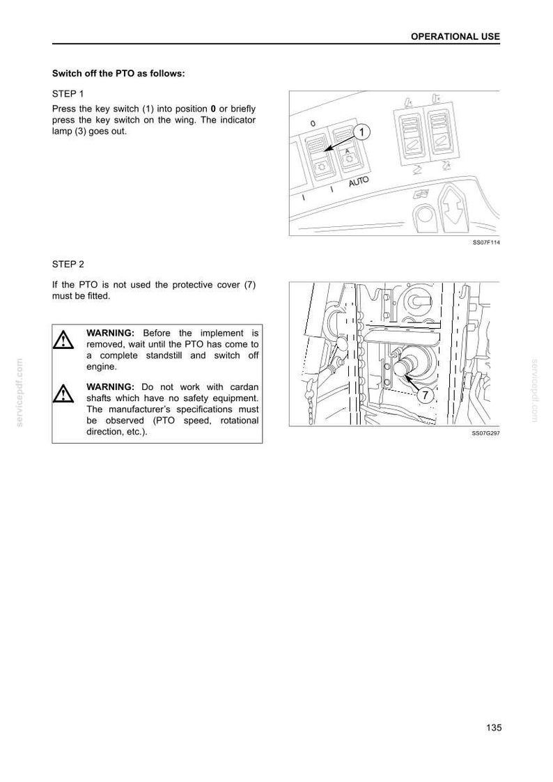 May include: A technical manual page titled OPERATIONAL USE detailing PTO procedures. It includes two line-art diagrams: one showing a key switch labelled 1 in position 0, and another showing a protective cover labelled 7 on a mechanical shaft.