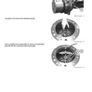 May include: Diagram illustrating the rear axle system, planetary, and final drives. The image shows steps for disassembly, including removing the planetary carrier, retaining ring, and planetary gear with a cylindrical roller bearing. Text and arrows indicate the parts.