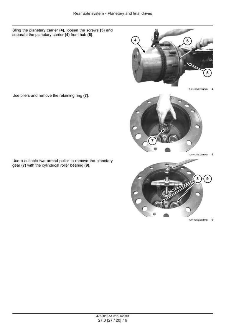 May include: Diagram illustrating the rear axle system, planetary, and final drives. The image shows steps for disassembly, including removing the planetary carrier, retaining ring, and planetary gear with a cylindrical roller bearing. Text and arrows indicate the parts.