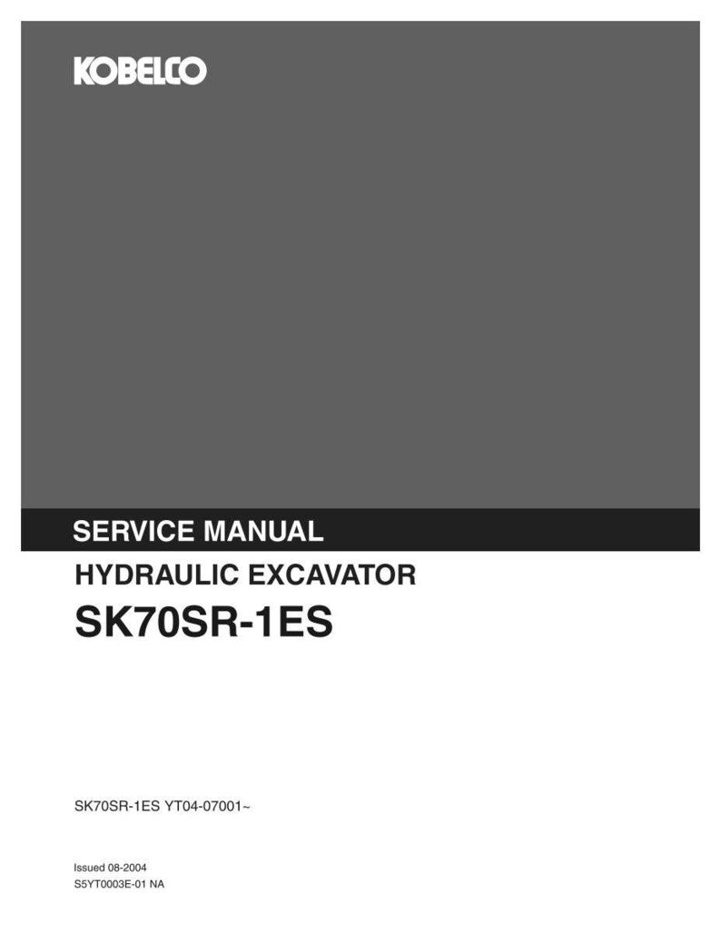 May include: A gray and white Kobelco service manual for a hydraulic excavator model SK70SR-1ES. The cover features the brand name at the top, the text SERVICE MANUAL HYDRAULIC EXCAVATOR SK70SR-1ES, and the serial number range YT04-07001, issued 08-2004.