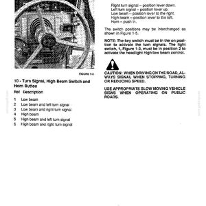 May include: A technical manual page titled Controls, Instruments, and Operation, featuring a black and white diagram of a steering wheel with a turn signal and high beam switch. It includes numbered reference points and instructions for vehicle operation.