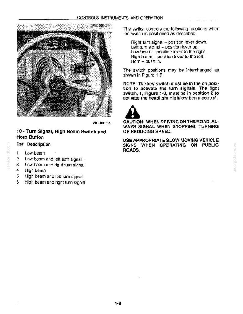 May include: A technical manual page titled Controls, Instruments, and Operation, featuring a black and white diagram of a steering wheel with a turn signal and high beam switch. It includes numbered reference points and instructions for vehicle operation.