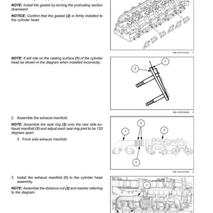 May include: Diagrams illustrating the installation of an exhaust manifold, including steps for installing the gasket, assembling the exhaust manifold, and installing it to the cylinder head assembly. The text includes instructions and notes for proper installation.