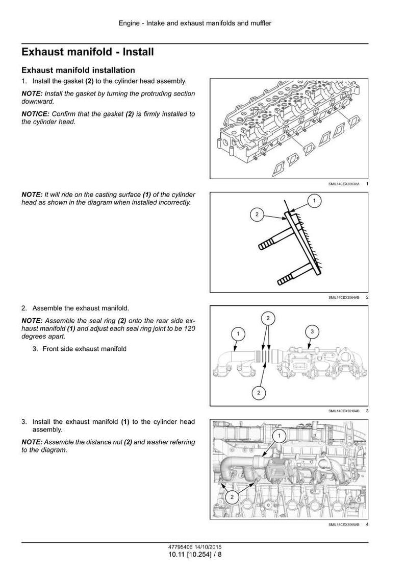 May include: Diagrams illustrating the installation of an exhaust manifold, including steps for installing the gasket, assembling the exhaust manifold, and installing it to the cylinder head assembly. The text includes instructions and notes for proper installation.