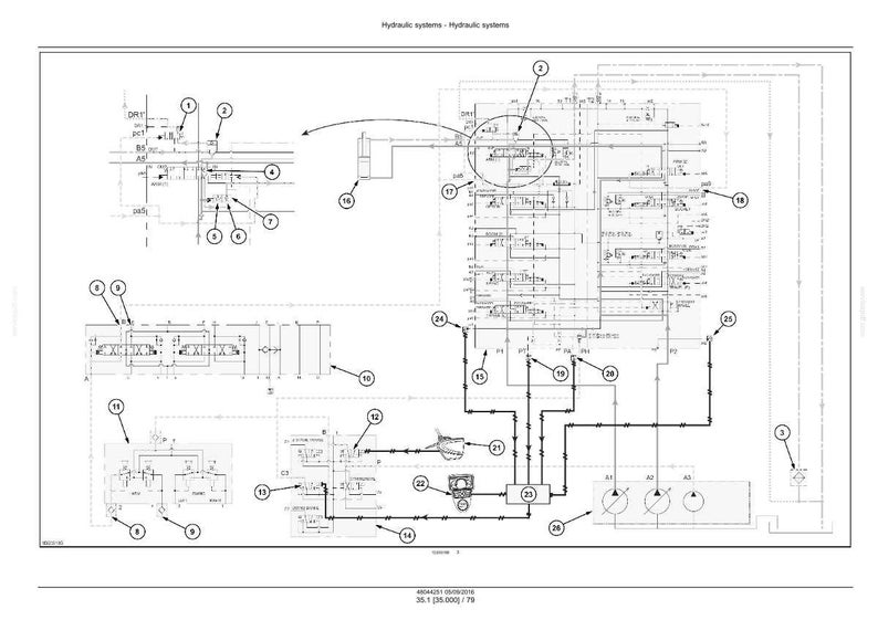 May include: Detailed technical diagram of a hydraulic system, featuring interconnected components, lines, and numbered labels. The diagram is in black and white, with various shapes and symbols representing different parts of the system. The title "Hydraulic systems" is at the top.