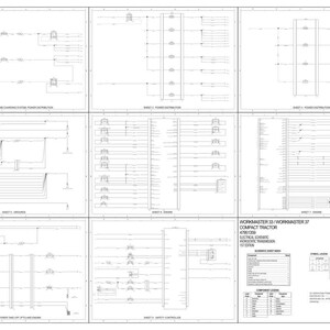 Pu&ograve; includere: Schema elettrico in bianco e nero di un trattore compatto Workmaster 33/Workmaster 37. Il diagramma mostra lo schema elettrico e i circuiti. L'immagine contiene testo e simboli.
