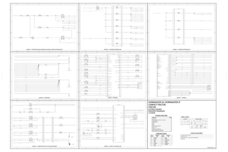 Pu&ograve; includere: Schema elettrico in bianco e nero di un trattore compatto Workmaster 33/Workmaster 37. Il diagramma mostra lo schema elettrico e i circuiti. L'immagine contiene testo e simboli.