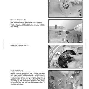 May include: Page from a technical manual showing steps for transmission assembly. Includes images of tools and components, with text instructions like "Assemble the washer (3)" and "Screw in the screw (2)." The page also includes a tightening torque of 139 Nm (102.5 lbf-ft).