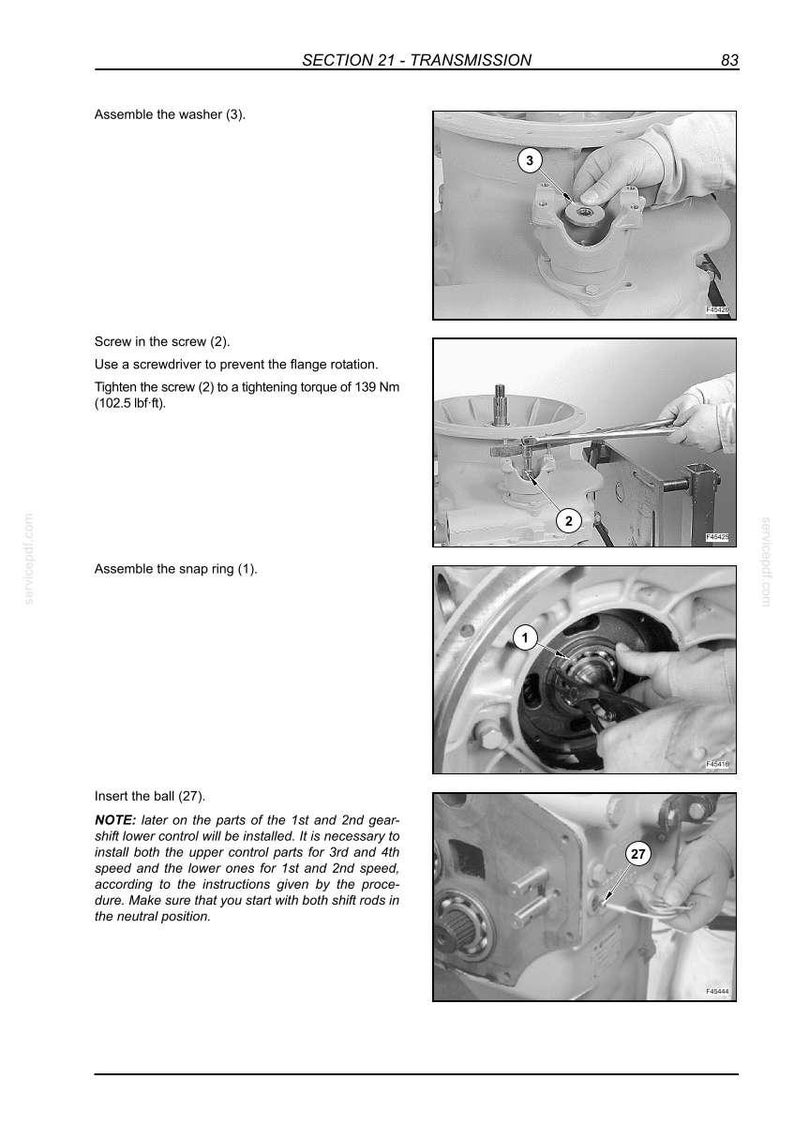 May include: Page from a technical manual showing steps for transmission assembly. Includes images of tools and components, with text instructions like "Assemble the washer (3)" and "Screw in the screw (2)." The page also includes a tightening torque of 139 Nm (102.5 lbf-ft).