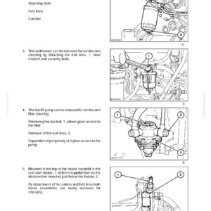 May include: A technical manual page titled SECTION 2 FUEL SYSTEMS containing four black and white line drawings with numbered callouts. The diagrams illustrate the removal and servicing procedures for a fuel filter, sedimentor, fuel lift pump, and cold start heater assembly with accompanying instructional text.